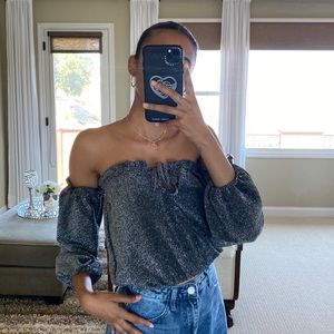 Black Glitter Off the Shoulder Top